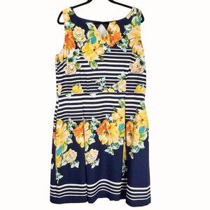 Dress Barn 16W Navy Sleeveless Floral Striped Dress Pockets Back Keyhole EUC